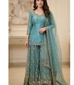 Aqua blue embroidery  fandy silk full stitched sharara palazzo
