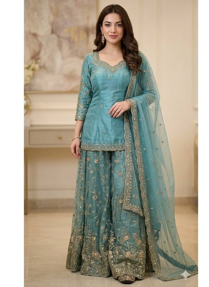 Aqua blue embroidery  fandy silk full stitched sharara palazzo