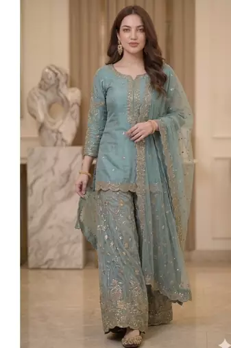 Aqua blue embroidery Blend Tissue sharara 