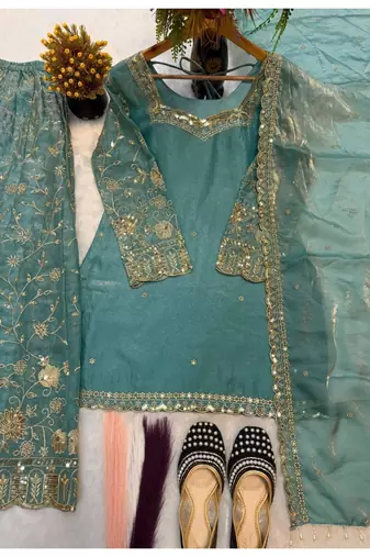 Aqua blue embroidery Blend Tissue sharara 