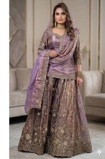 Purple embroidery  fandy silk full stitched sharara palazzo