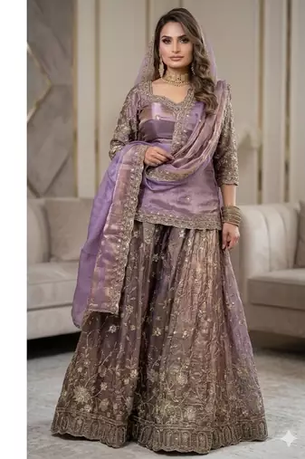 Purple embroidery Blend Tissue full stitched sharara palazzo