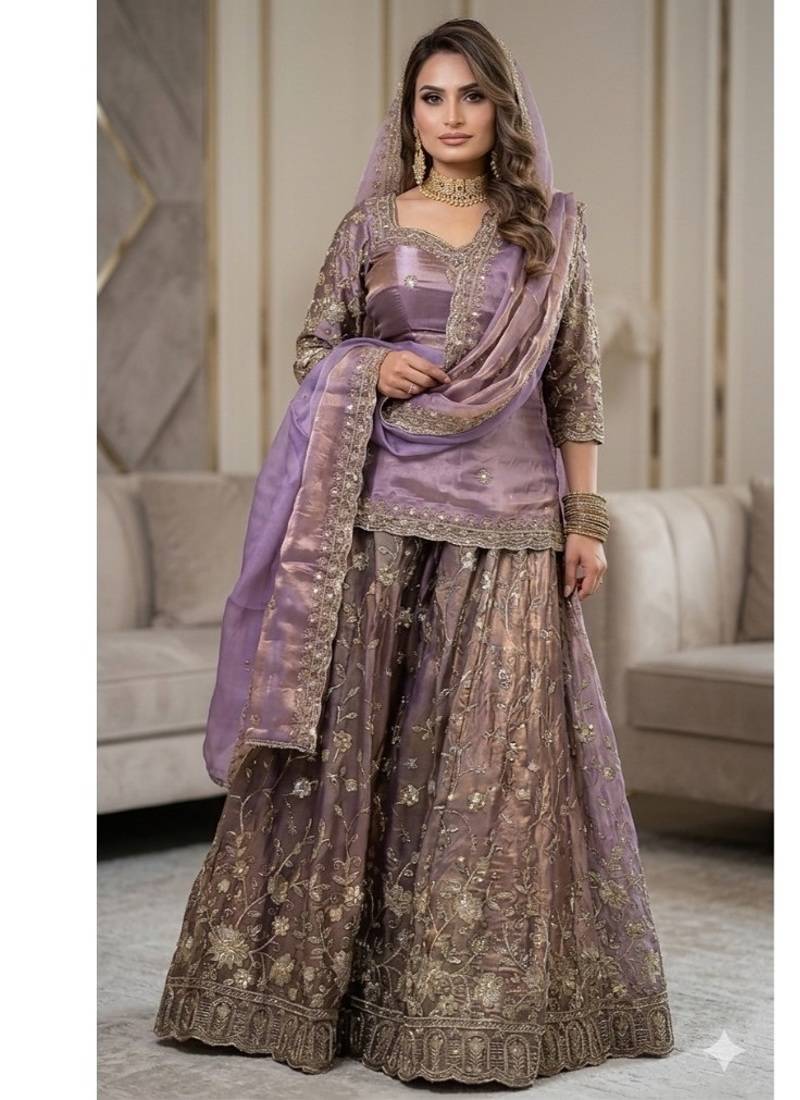 Purple embroidery  fandy silk full stitched sharara palazzo