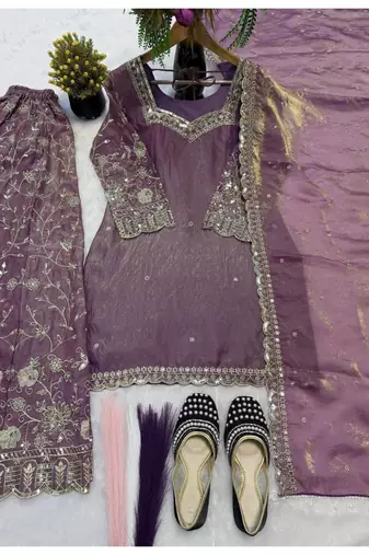 Purple embroidery Blend Tissue sharara 
