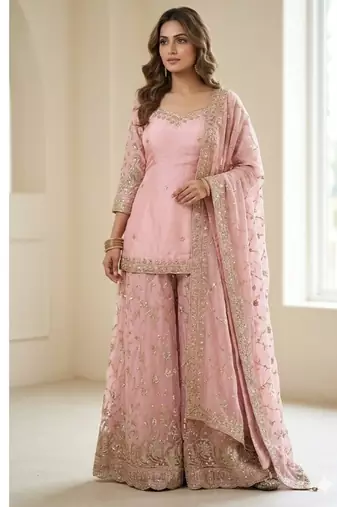 Baby pink embroidery Blend Tissue full stitched sharara palazzo