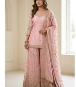 Baby pink embroidery  fandy silk full stitched sharara palazzo