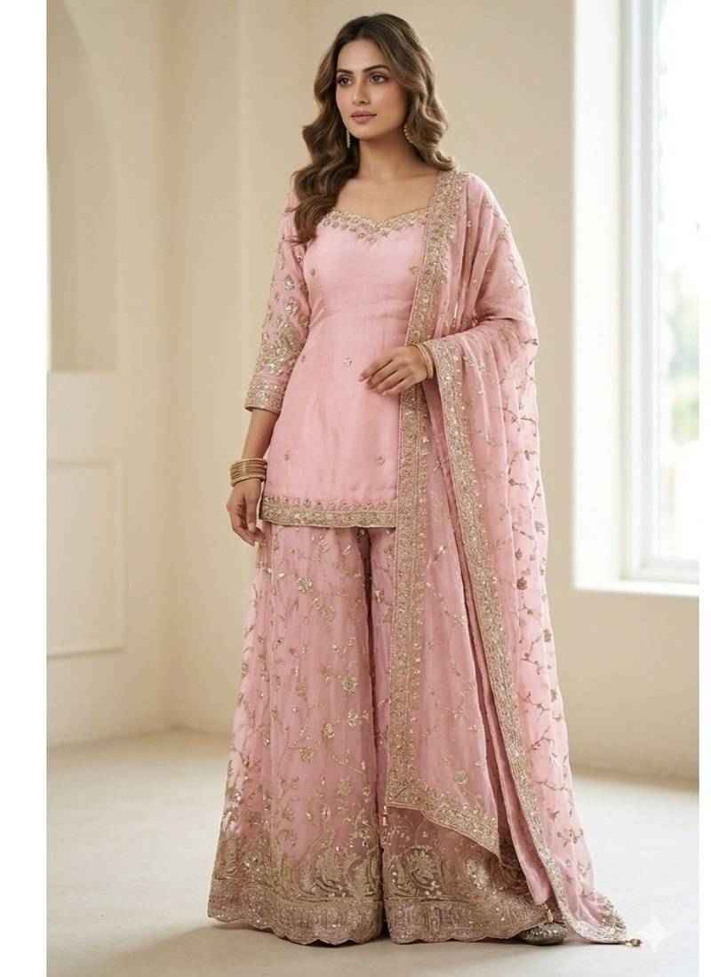 Baby pink embroidery  fandy silk full stitched sharara palazzo