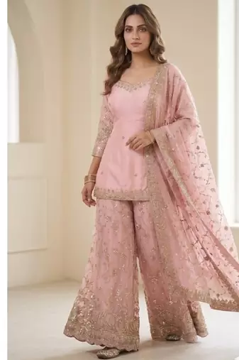 Baby pink embroidery Blend Tissue sharara 