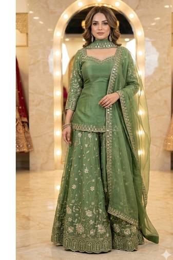 Green embroidery  fandy silk full stitched sharara palazzo