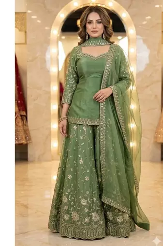 Green embroidery  fandy silk full stitched sharara palazzo