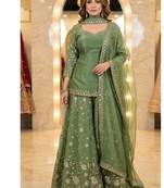 Green embroidery  fandy silk full stitched sharara palazzo