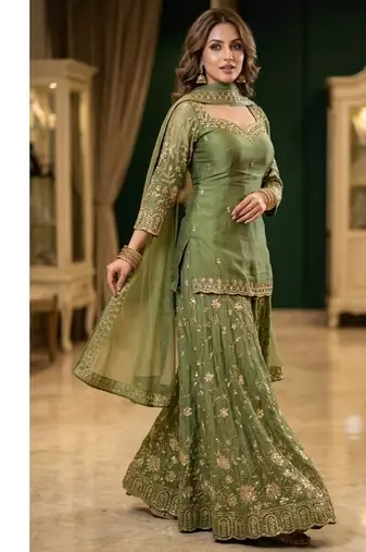 Green embroidery Blend Tissue sharara 