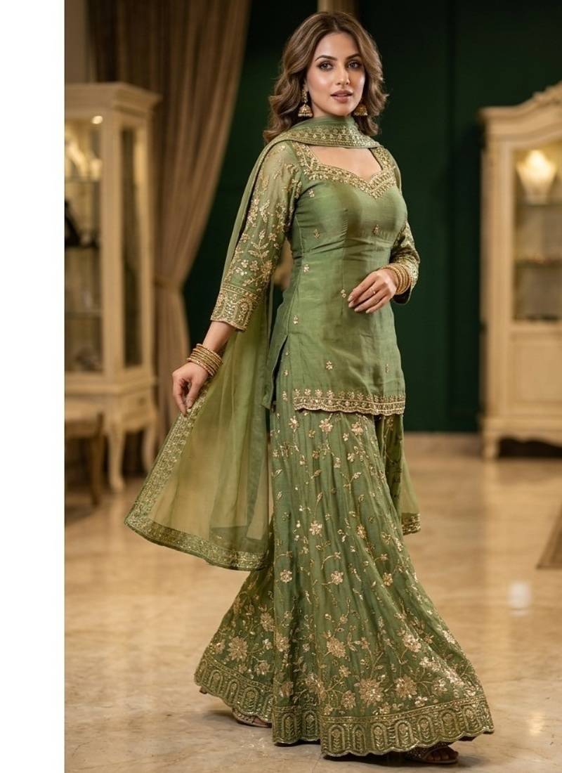 Green embroidery  fandy silk full stitched sharara palazzo