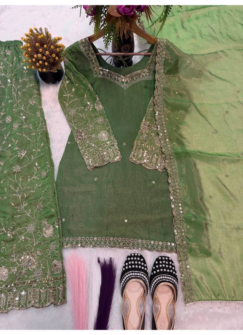 Green embroidery  fandy silk full stitched sharara palazzo