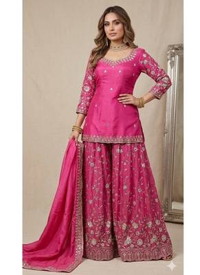 Rani pink embroidery Blend Tissue sharara  3