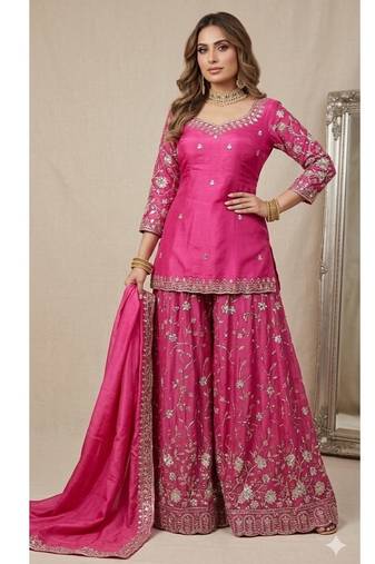Rani pink embroidery Blend Tissue sharara 