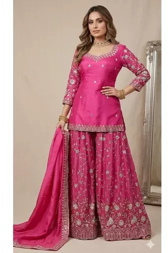 Rani pink embroidery Blend Tissue sharara 