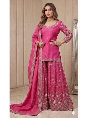 Rani pink embroidery Blend Tissue sharara  1