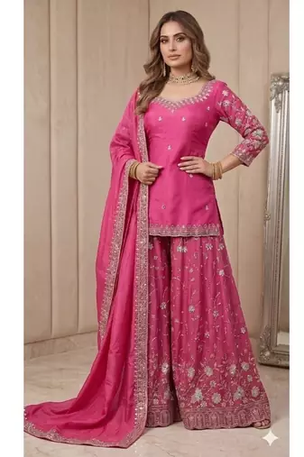 Rani pink embroidery  fandy silk full stitched sharara palazzo