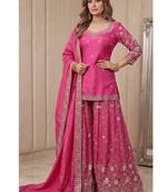 Rani pink embroidery  fandy silk full stitched sharara palazzo