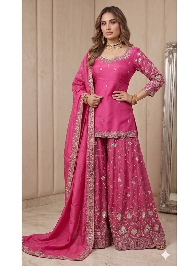 Rani pink embroidery  fandy silk full stitched sharara palazzo