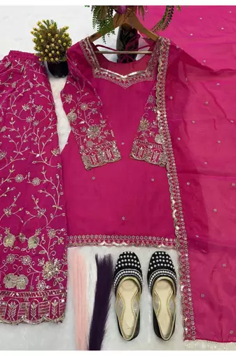 Rani pink embroidery Blend Tissue sharara 