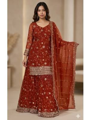 Orange embroidery Blend Tissue sharara  1