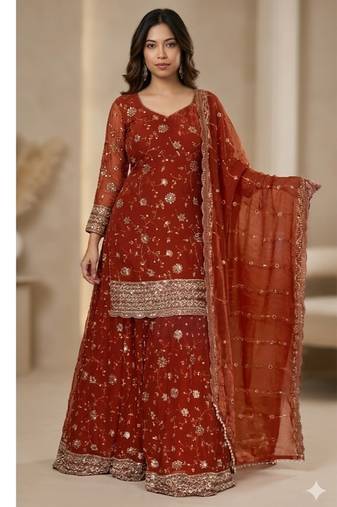 Orange  embroidery  fandy silk full stitched sharara palazzo