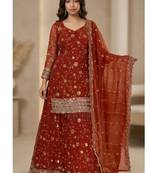 Orange  embroidery  fandy silk full stitched sharara palazzo