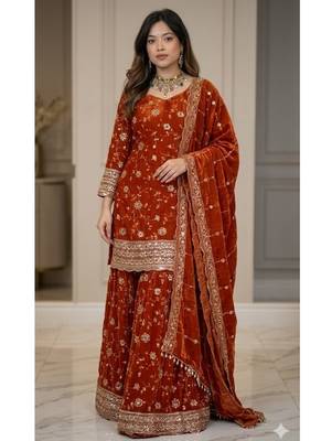 Orange embroidery Blend Tissue sharara  3