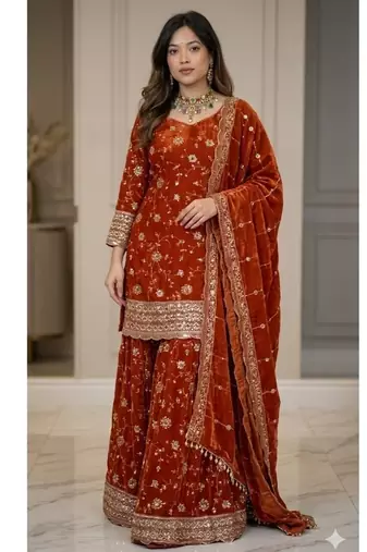Orange embroidery Blend Tissue sharara 