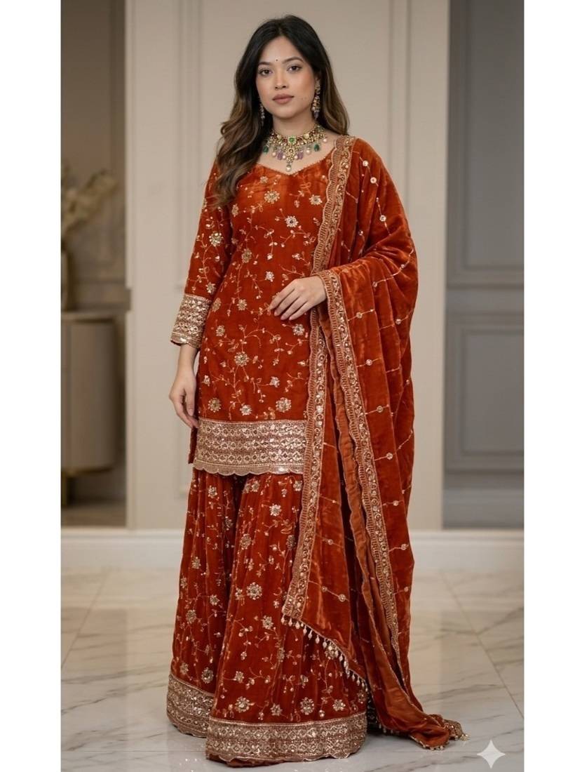 Orange  embroidery  fandy silk full stitched sharara palazzo