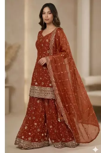 Orange embroidery Blend Tissue sharara 