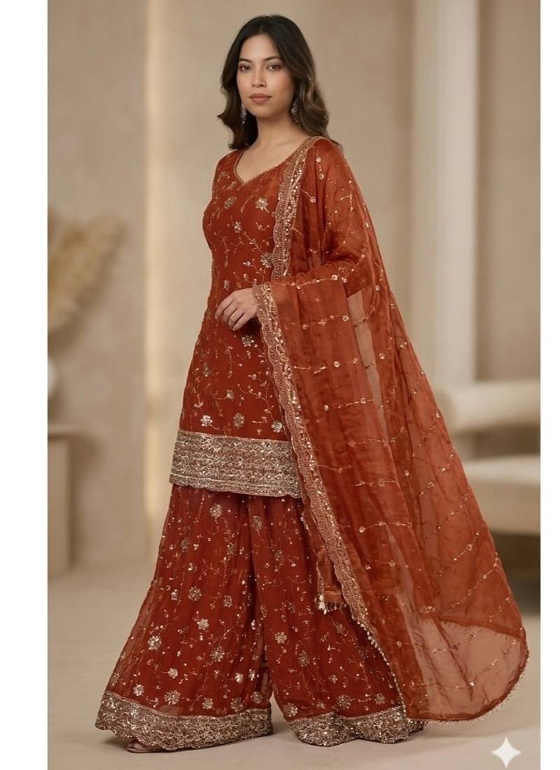 Orange  embroidery  fandy silk full stitched sharara palazzo