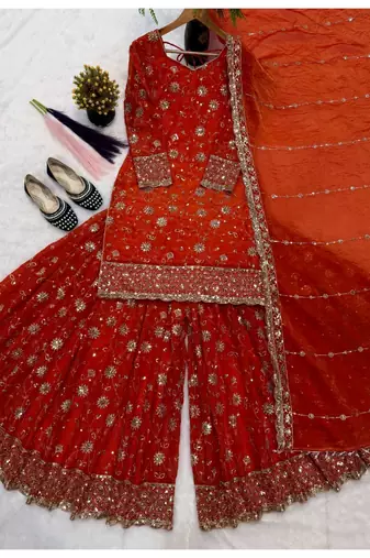 Orange embroidery Blend Tissue sharara 