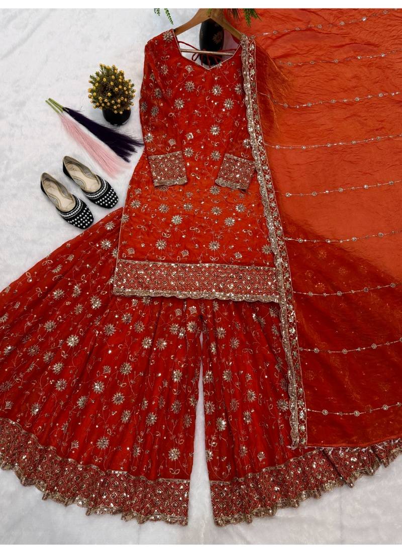 Orange  embroidery  fandy silk full stitched sharara palazzo
