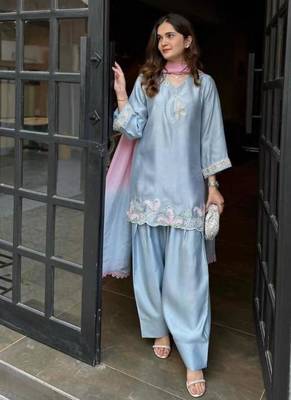 Sky blue embroidery Blend Tissue farshi salwar 1