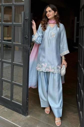 Sky blue embroidery  fandy silk full stitched farshi salwar