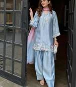 Sky blue embroidery  fandy silk full stitched farshi salwar