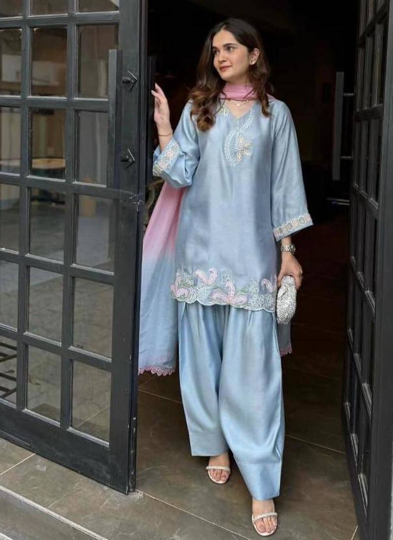 Sky blue embroidery  fandy silk full stitched farshi salwar