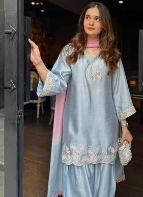 Sky blue embroidery Blend Tissue farshi salwar 3