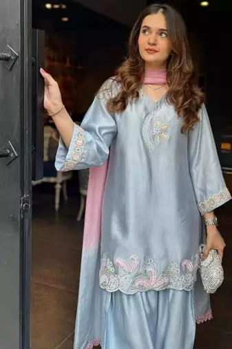 Sky blue embroidery Blend Tissue farshi salwar