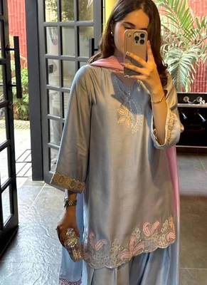 Sky blue embroidery Blend Tissue farshi salwar 4