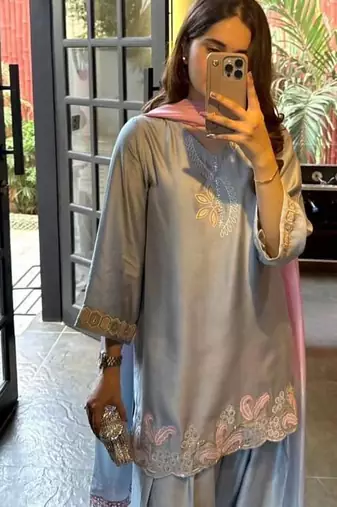 Sky blue embroidery Blend Tissue farshi salwar