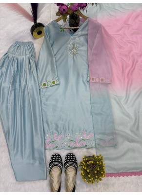 Sky blue embroidery Blend Tissue farshi salwar 5