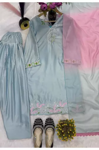 Sky blue embroidery Blend Tissue farshi salwar
