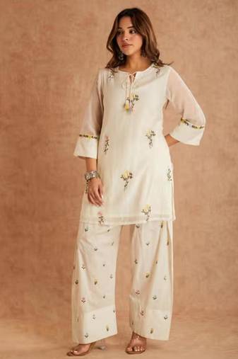 Off white embroidery  cotton silk full stitched farshi salwar
