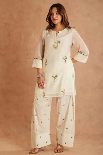 Off white embroidery  cotton silk full stitched farshi salwar