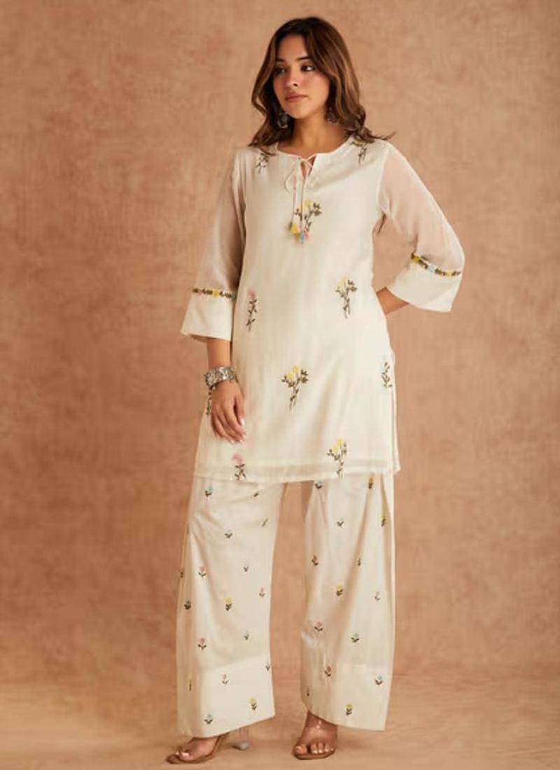 Off white embroidery  cotton silk full stitched farshi salwar