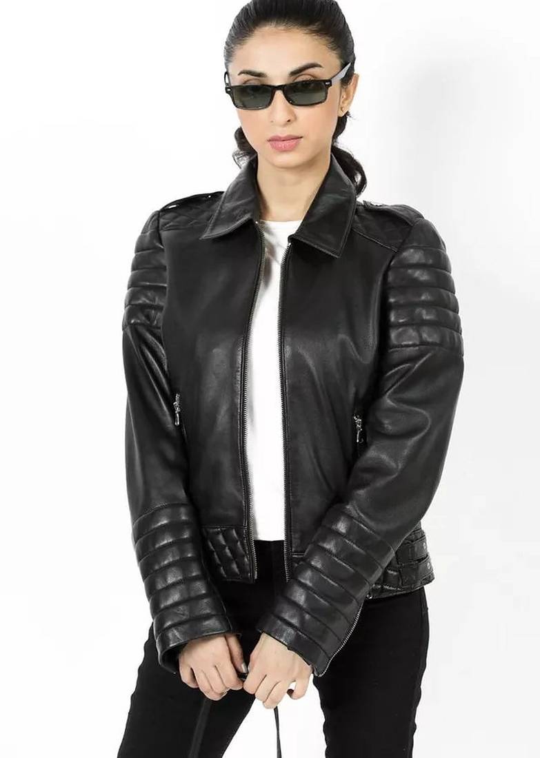stylish women’s real soft lambskin leather jacket brown motorcycle biker slim fit